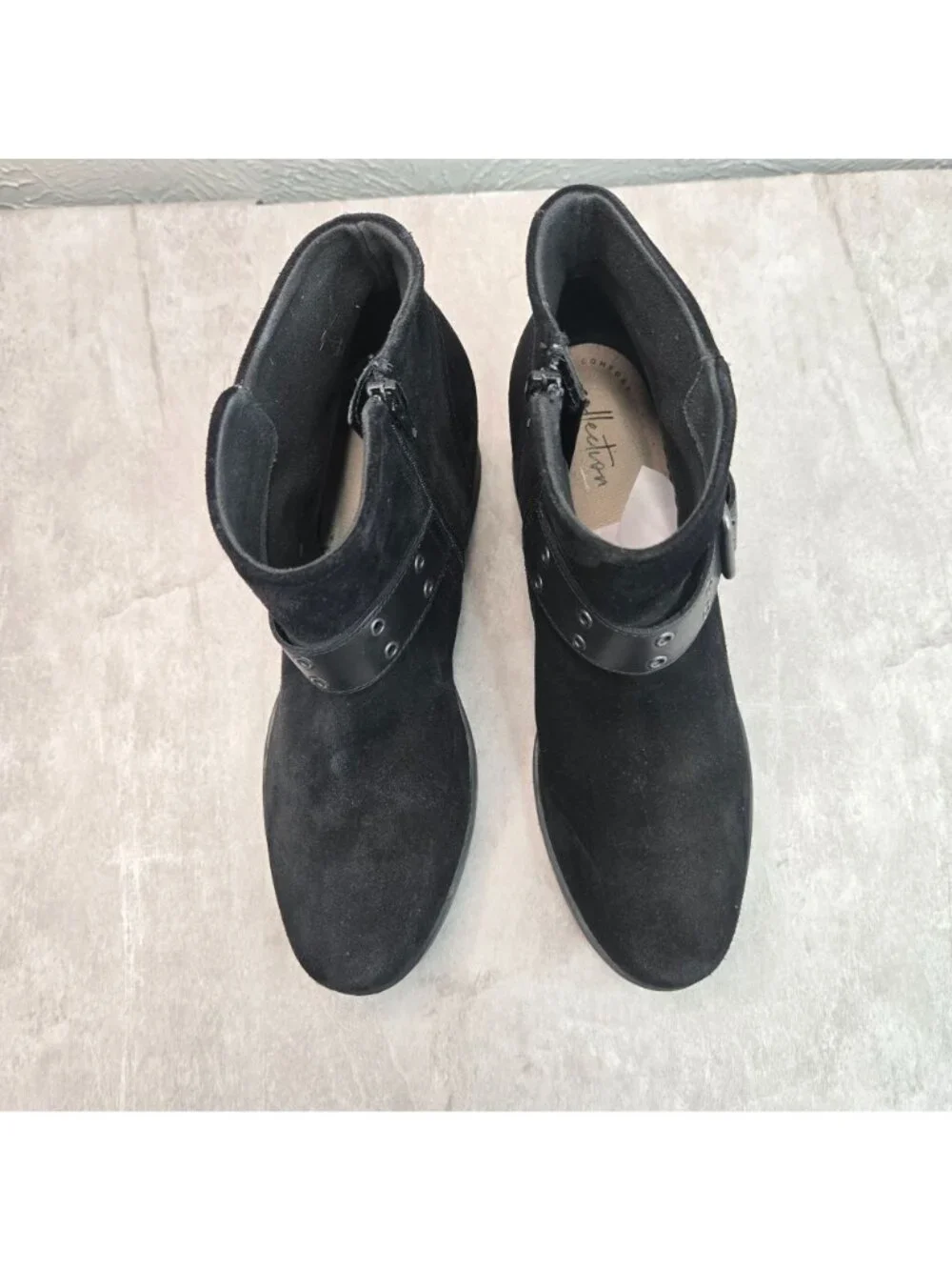 Clarks Block Heel Ankle Boots 9.5 Black Suede‎ Grunge Biker Moto Buckle Booties